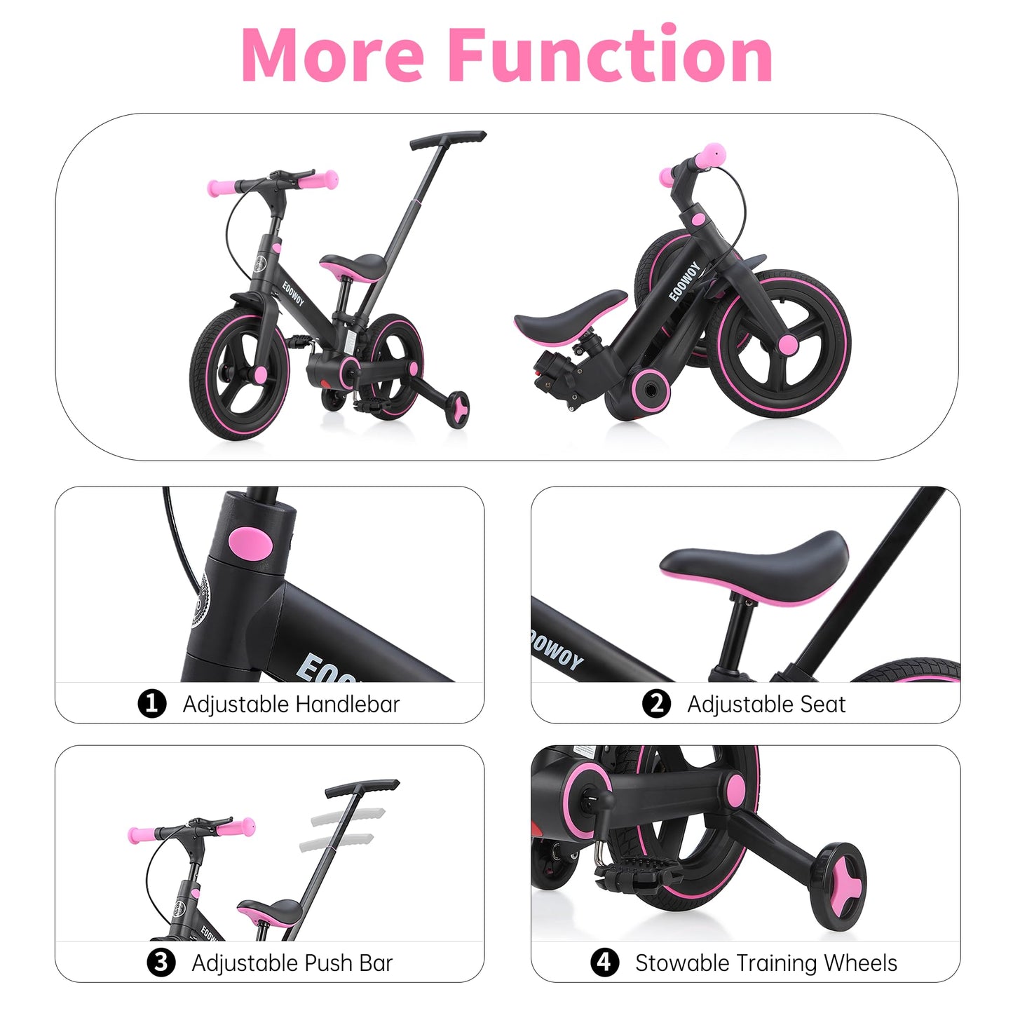 EOOWOY Balance Bike with Push Handle for Kids 1-3 Years, 6 in 1 Foldable Push Bike with Training Wheels & Pedals, Balance Bike f