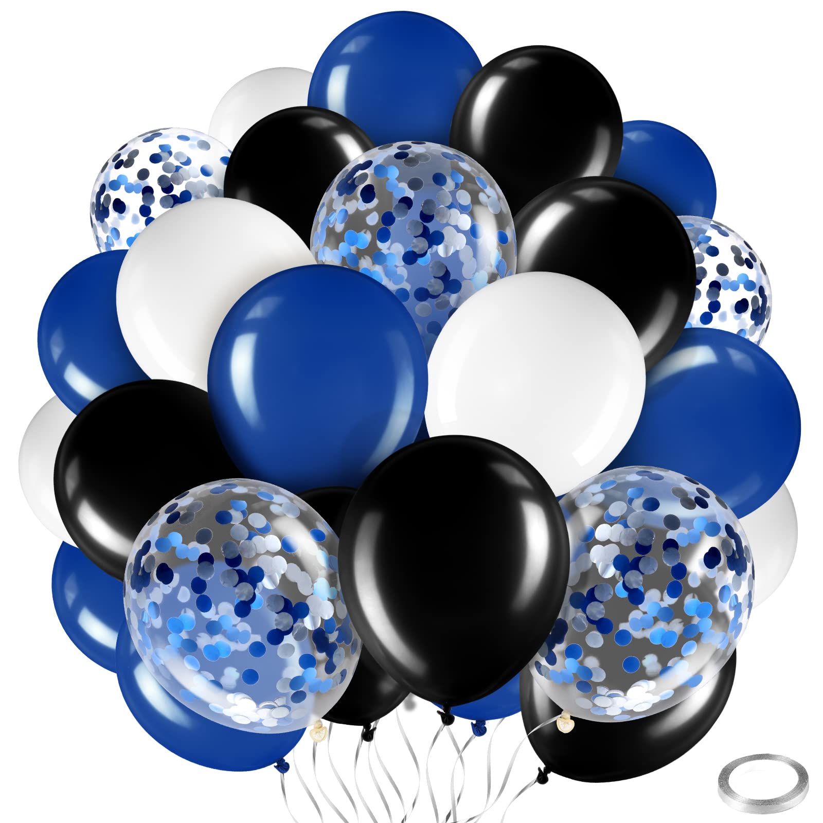 60 Pcs Balloons Kit 12 Inch Confetti Balloons With 2 Rolls Ribbon Latex Balloon Party Favor Metallic Balloons For Memorial Day, Birthdays, Fourth Of July, Halloween Decorations(Black, Blue, White)