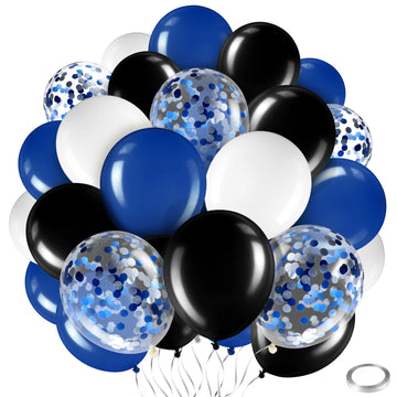 60 Pcs Balloons Kit 12 Inch Confetti Balloons With 2 Rolls Ribbon Latex Balloon Party Favor Metallic Balloons For Memorial Day, Birthdays, Fourth Of July, Halloween Decorations(Black, Blue, White)