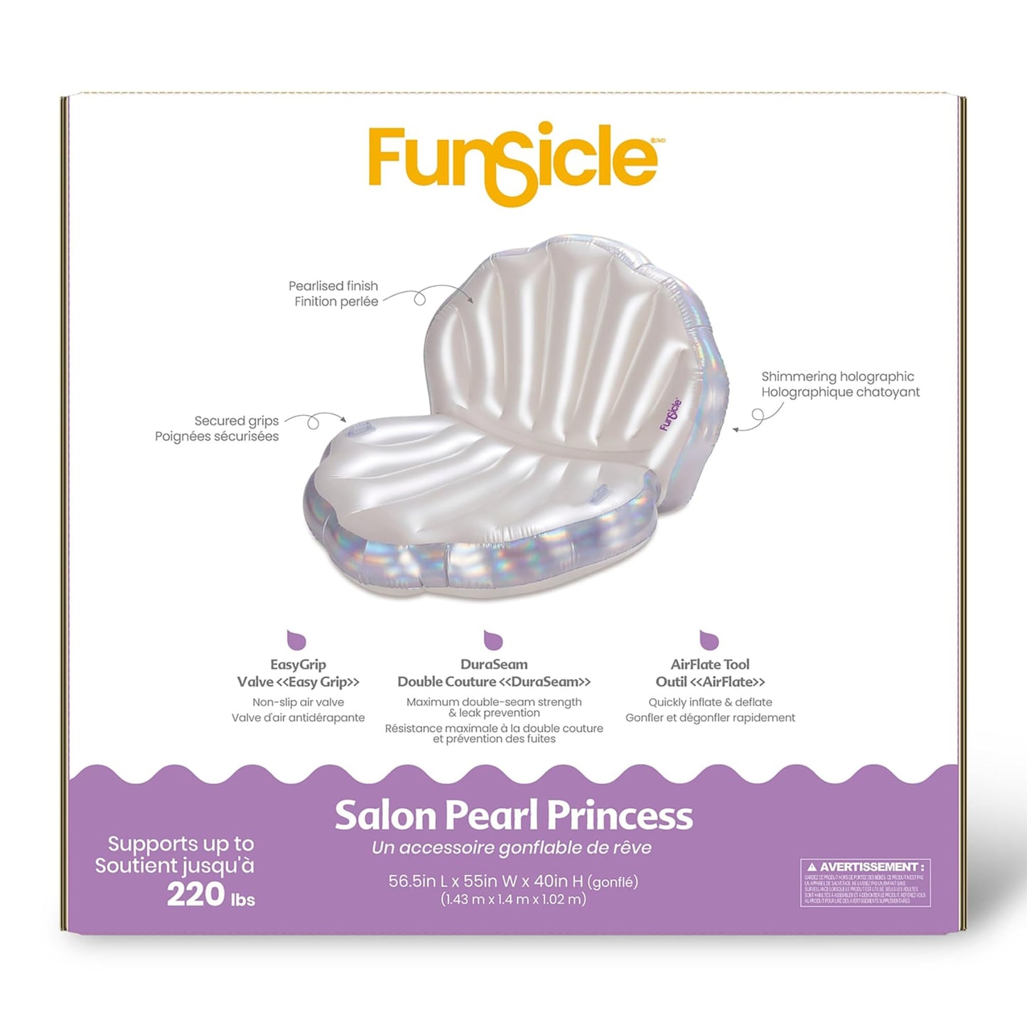 Funsicle: Pearl Princess Lounge - Inflatable Pool & Water Float, 58.5x55x40, Holographic & Pearlized Design, Water Toy, 220 lb C
