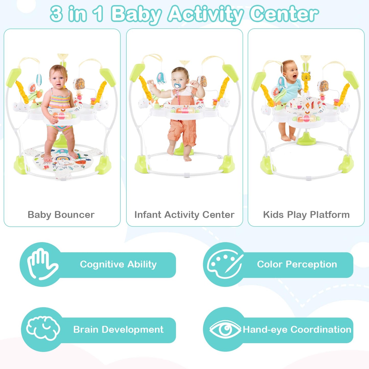 HONEY JOY Baby Bouncer Activity Center - 360° Rotary Seat, 3 Heights, Yellow, Music & Lights, Developmental Toys for Infants