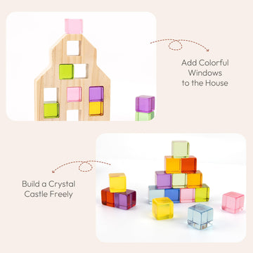 Woodtoe Wooden Building Blocks Set For Kids, 36 Pcs Rainbow Acrylic Gem Cubes Blocks - 3 Wood House, Montessori Stacking Toy For
