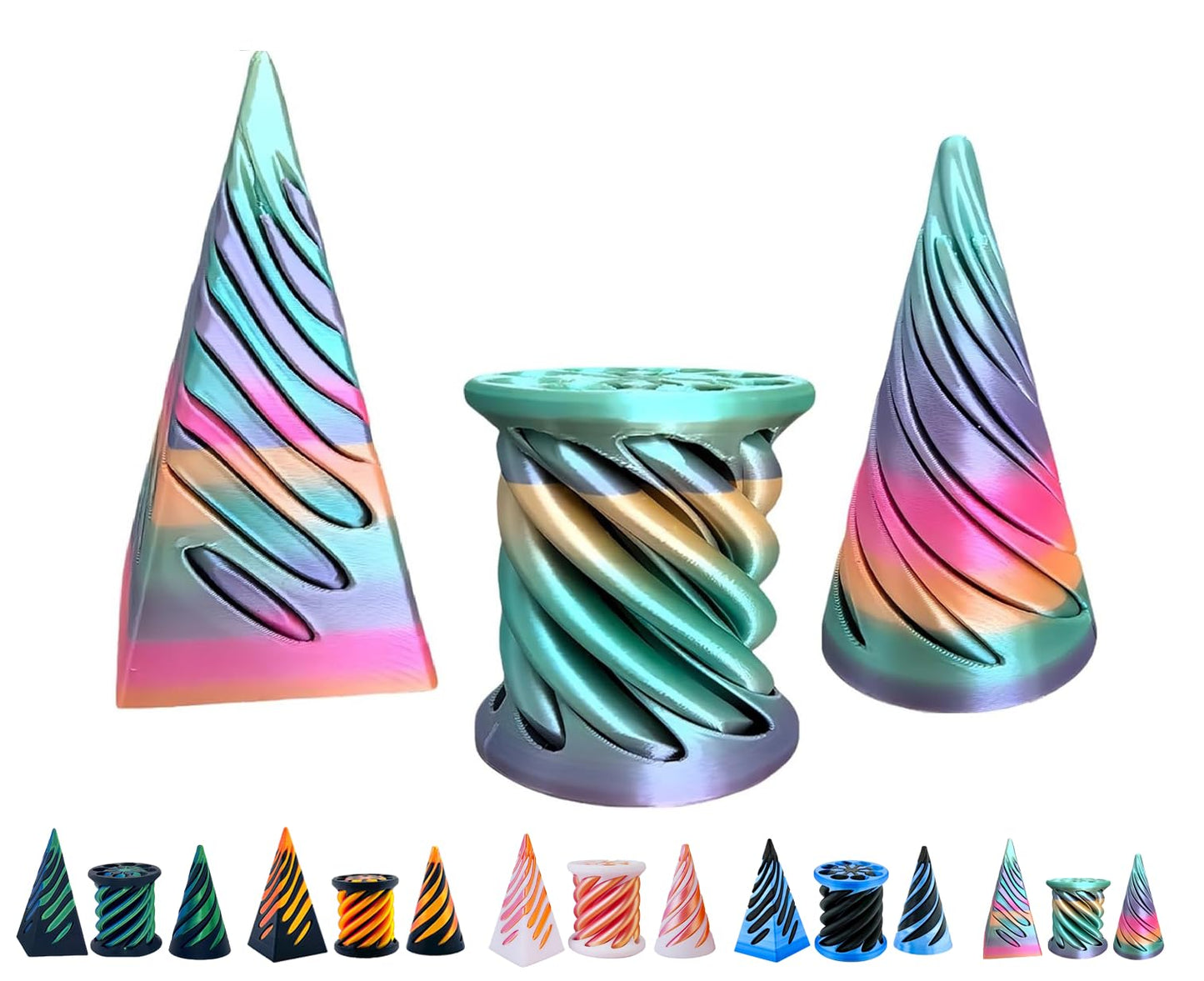 3D Printed Spiral Fidget Toys Impossible Pyramid Passthrough Sculpture Mini Cones Pass Through Pyramid Fidget Toy (Rainbow)
