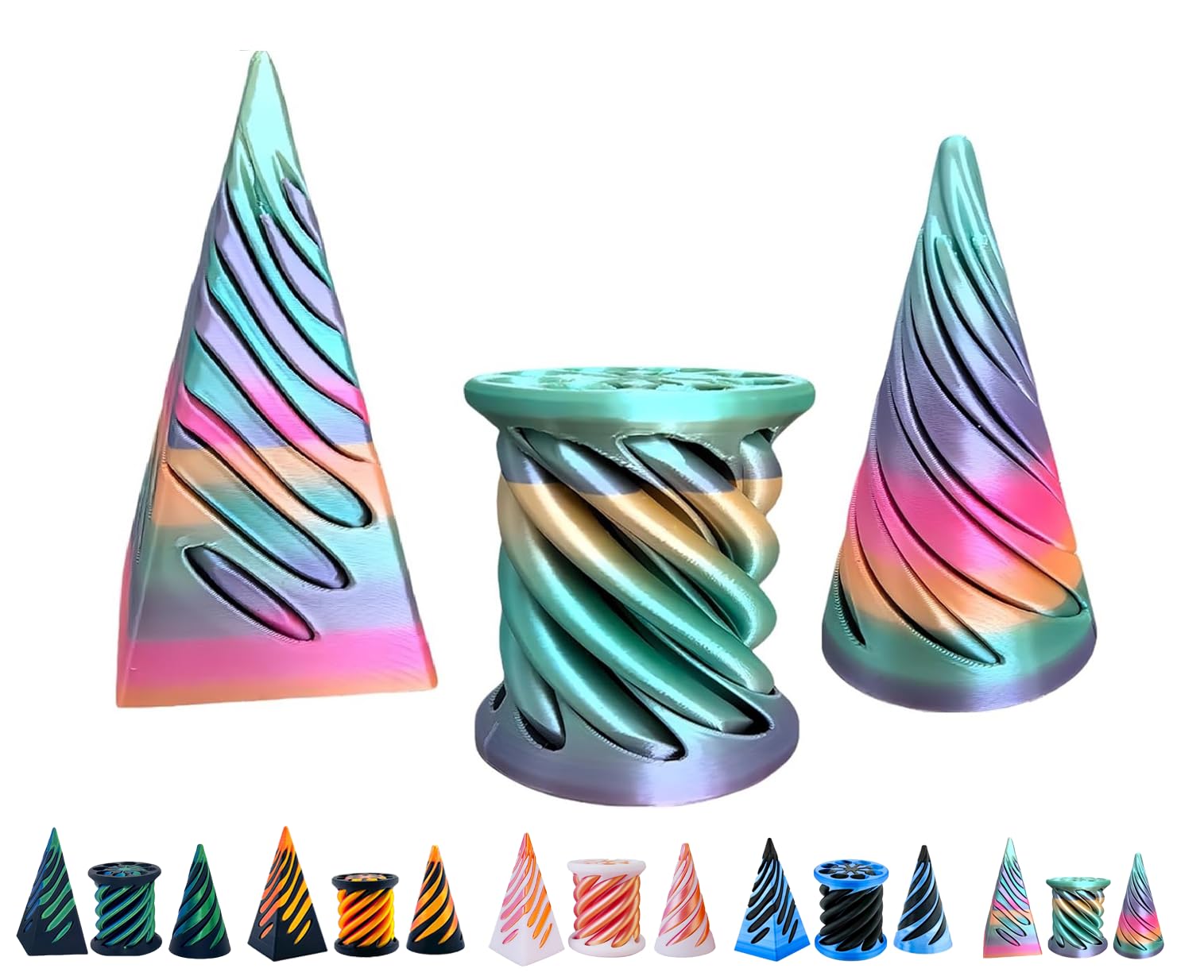 3D Printed Spiral Fidget Toys Impossible Pyramid Passthrough Sculpture Mini Cones Pass Through Pyramid Fidget Toy (Rainbow)