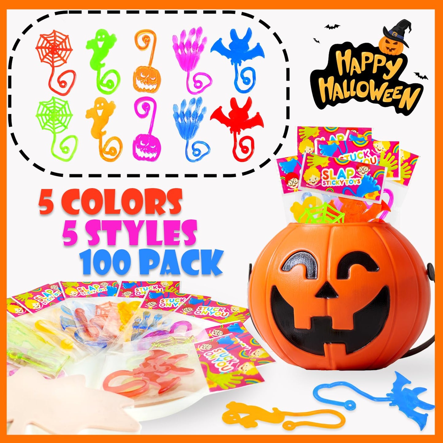 100 PCS Halloween Handouts Giveaways for Kids Bulk, Sticky Hands Party Favors Goodie Bag Stuffers for Toddlers,Boo Basket Bucket