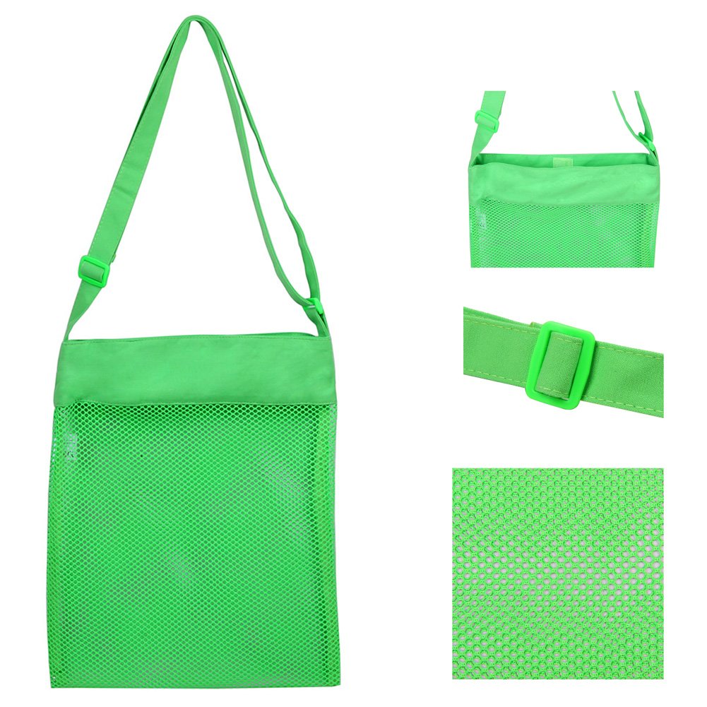 Colorful Mesh Beach Bags 11.4 x 13.7inch Breathable Sea Shell Bags with Adjustable Carrying Straps (4 PC Set) [Blue, Pink, Green