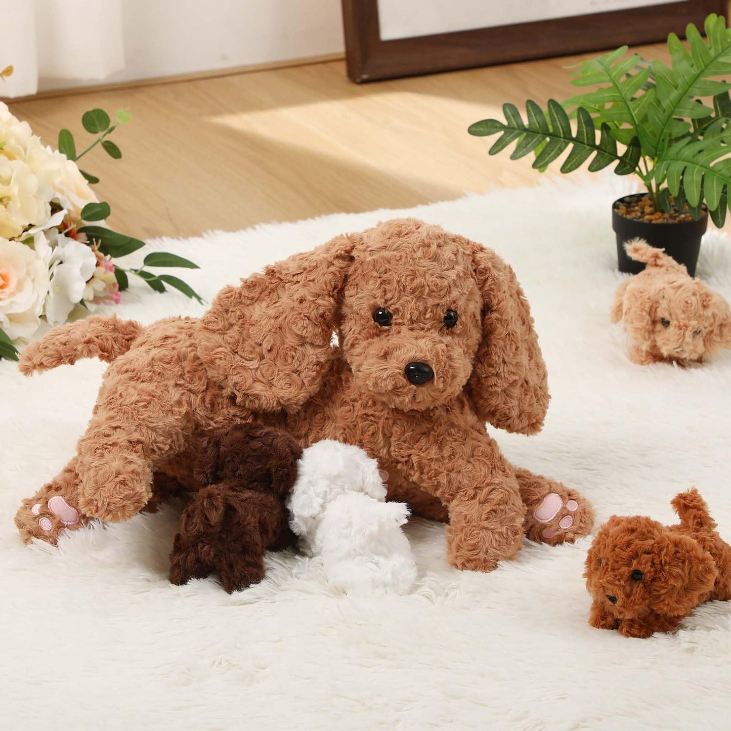 HyDren 5 Pcs Labradoodle Nurturing Dog Stuffed Animal Sets 15 Inch Soft Cuddly Labradoodle Plush Toys Nursing Mommy Dog with 4 P
