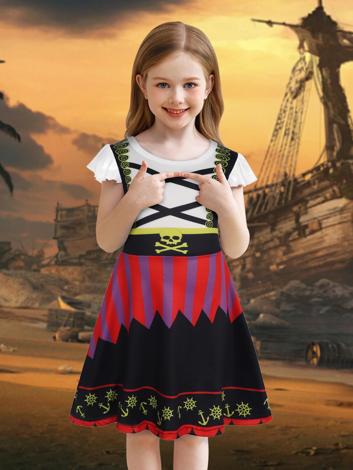 Eledobby Girls Princess Pirate Dress Halloween Outfits Buccaneer Costume Birthday Party Cosplay Dress Up 7-8Years
