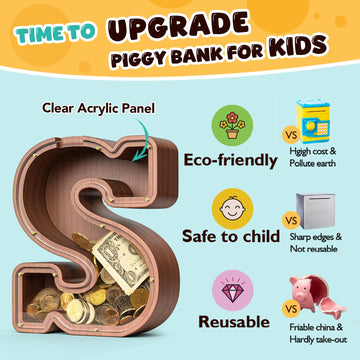Summidate Wooden Letter Piggy Bank  Extra Thick Large Capacity Piggy Bank for Kids Boys Girls Toddler  Alphabet S Money Bank| Coin Box Birthday  Christmas  Festival