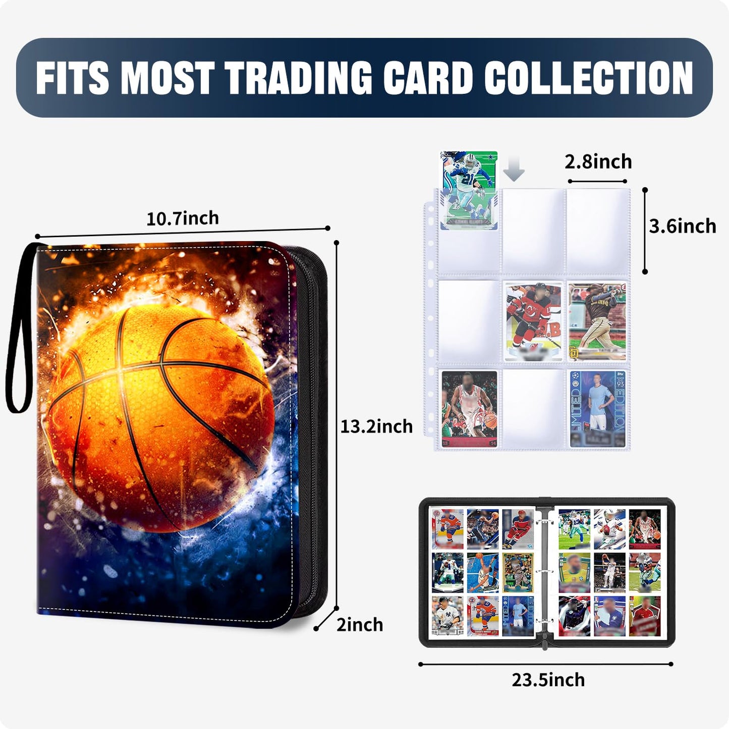 HESPLUS Basketball Card Binder - 900 Pockets, PU Material, Starry Basketball Design, Model HPEV158-BASKETBALL-900