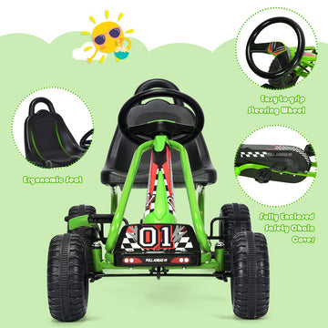 Costzon Go Kart For Kids, 4 Wheel Pedal Powered Go Cart With Adjustable Seat, Handbrake & Non-Slip Wheels, Outdoor Racer Ride On Pedal Car, Gift For Boys Girls (Green)