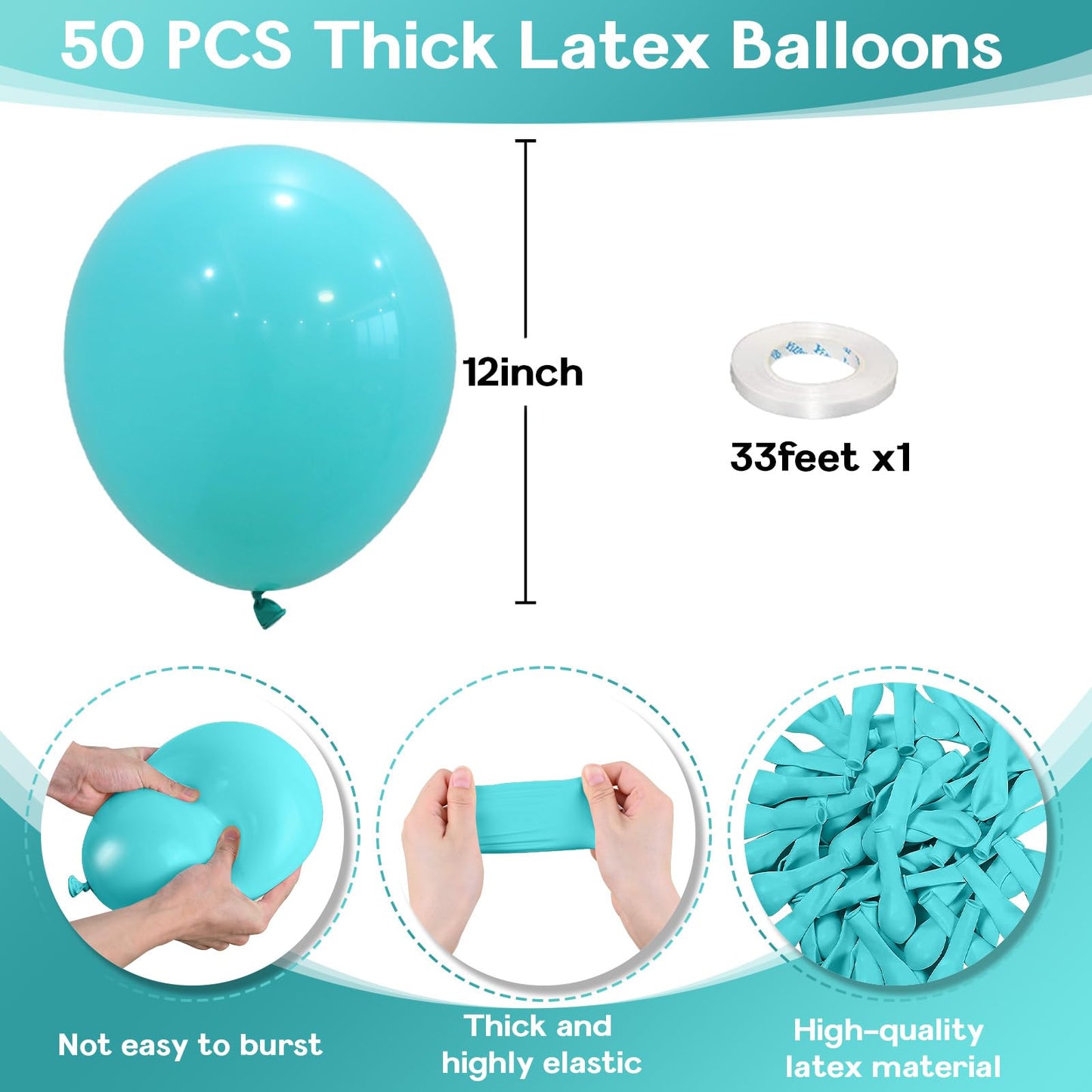 Jobkoo Teal Balloons 12 Inch Teal Blue Balloon 50 Pack Turquoise Latex Balloons Round Aqua Green Party Helium Balloons For Arch