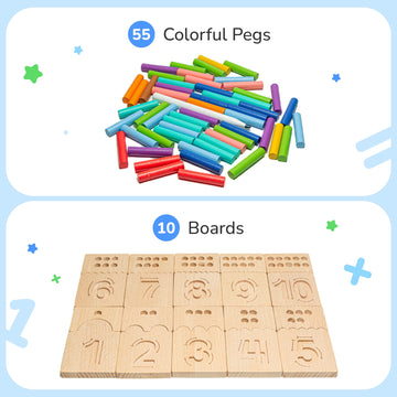 Bimi Boo Montessori Counting Pegs And Number Tracing Boards For Kids - Wooden Math Toy For Toddlers And Preschoolers - Math Manipulatives For Kindergarten (55 Pegs, 10 Boards, 1 Pen)