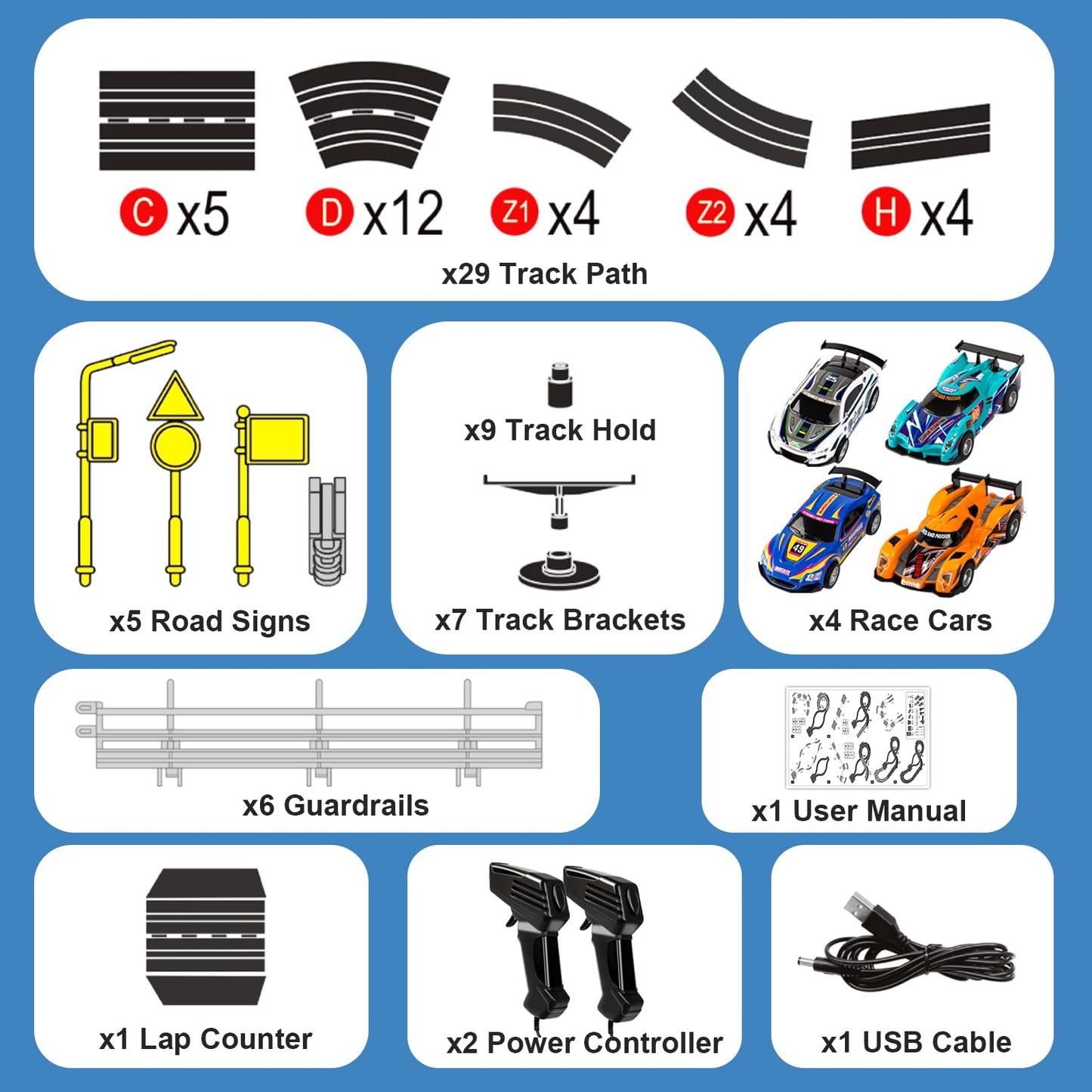 Electric Slot Car Race Track Sets - Race Car Track Sets With 4 High-Speed Slot Cars 1:43 With Headlights, 2 Hand Controllers, Du