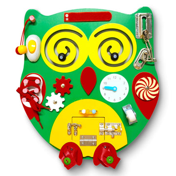 Sensory4U Owl Sensory Wooden Activity Busy Board - Wood Montessori Experience - Quiet Play Latches Tying Spinning Buttoning