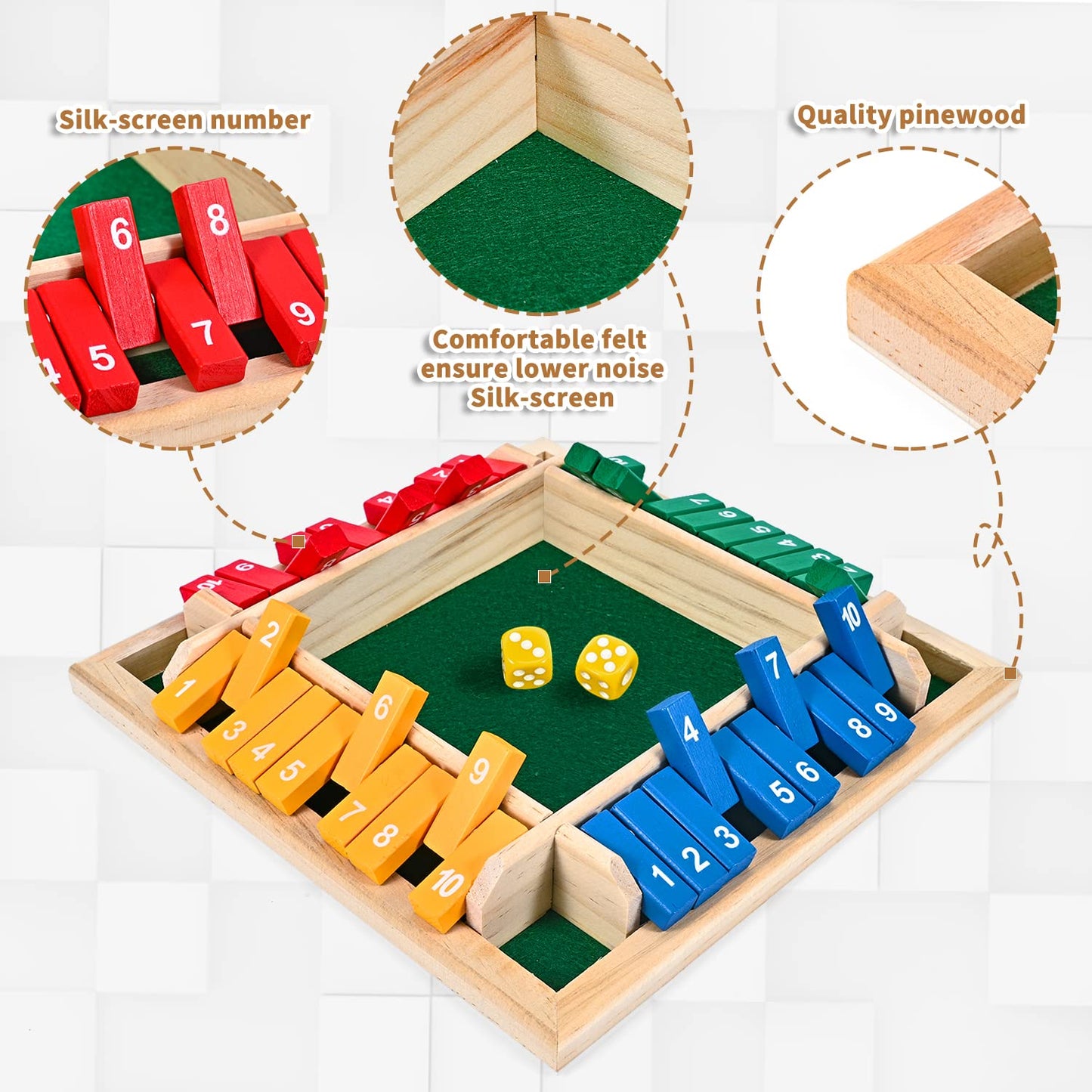 Cretvis 1-4 Players Shut The Box Dice Game, 10 Numbers Traditional Wooden Pub Bar Board Family Table Mat Game Dice For Kids And