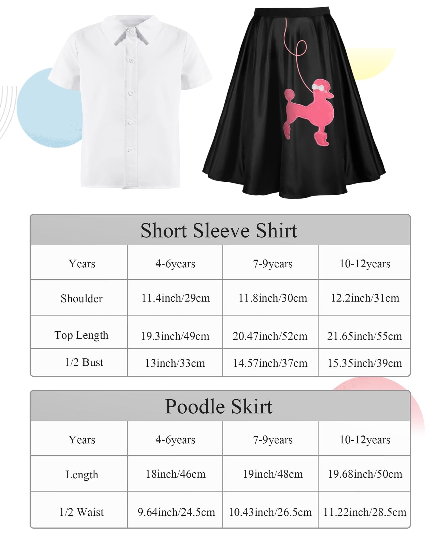 Silicherry 1950S Kids Poodle Skirt 50S Sock Hop Costume With Shirt Scarf Headband Earrings Glasses Socks(4-6 Years,Black)