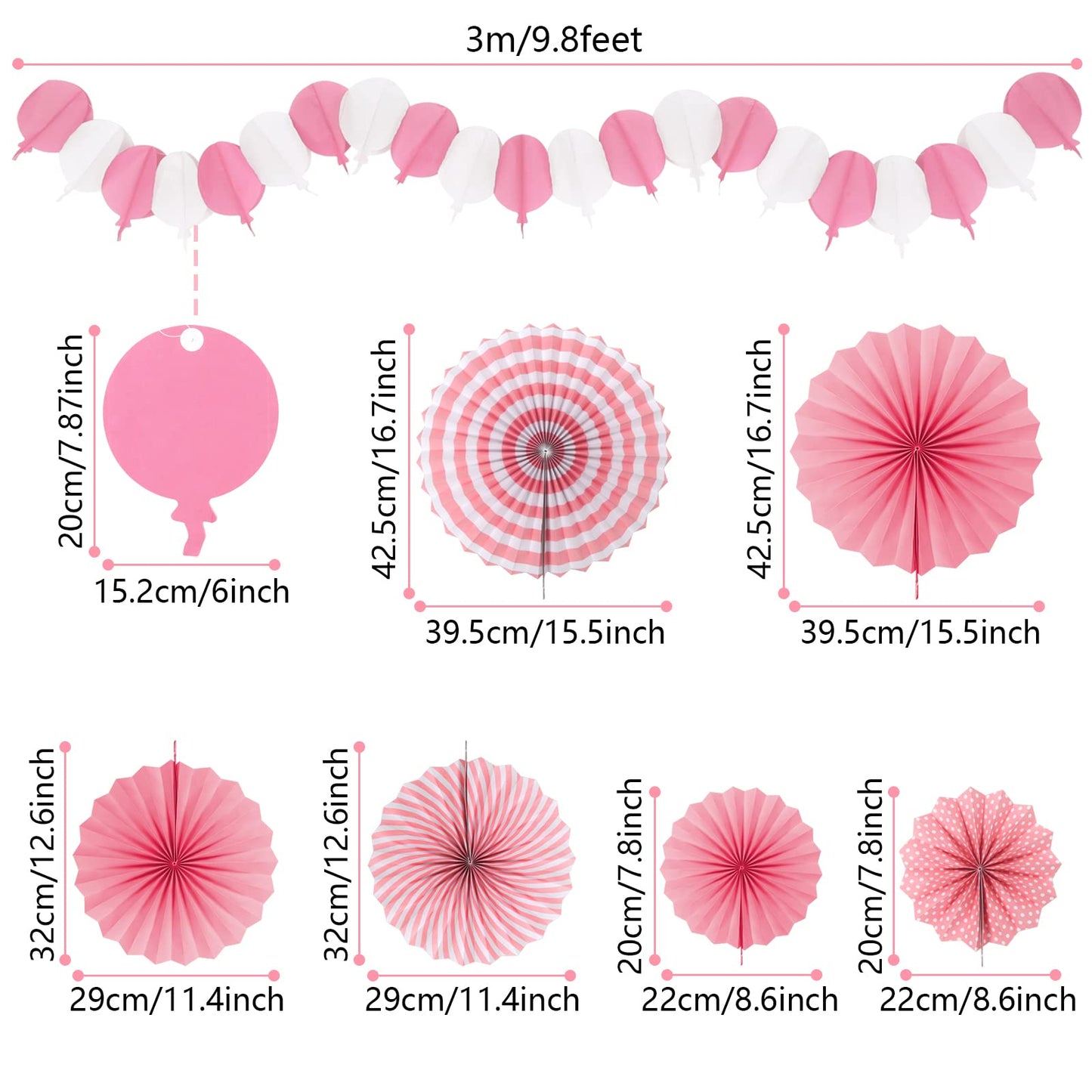 Recosis Party Decorations, Pink Papar Fans Pompoms Garlands For Women Girls Mothers Day Bachelorette Wedding Birthday Baby Showe