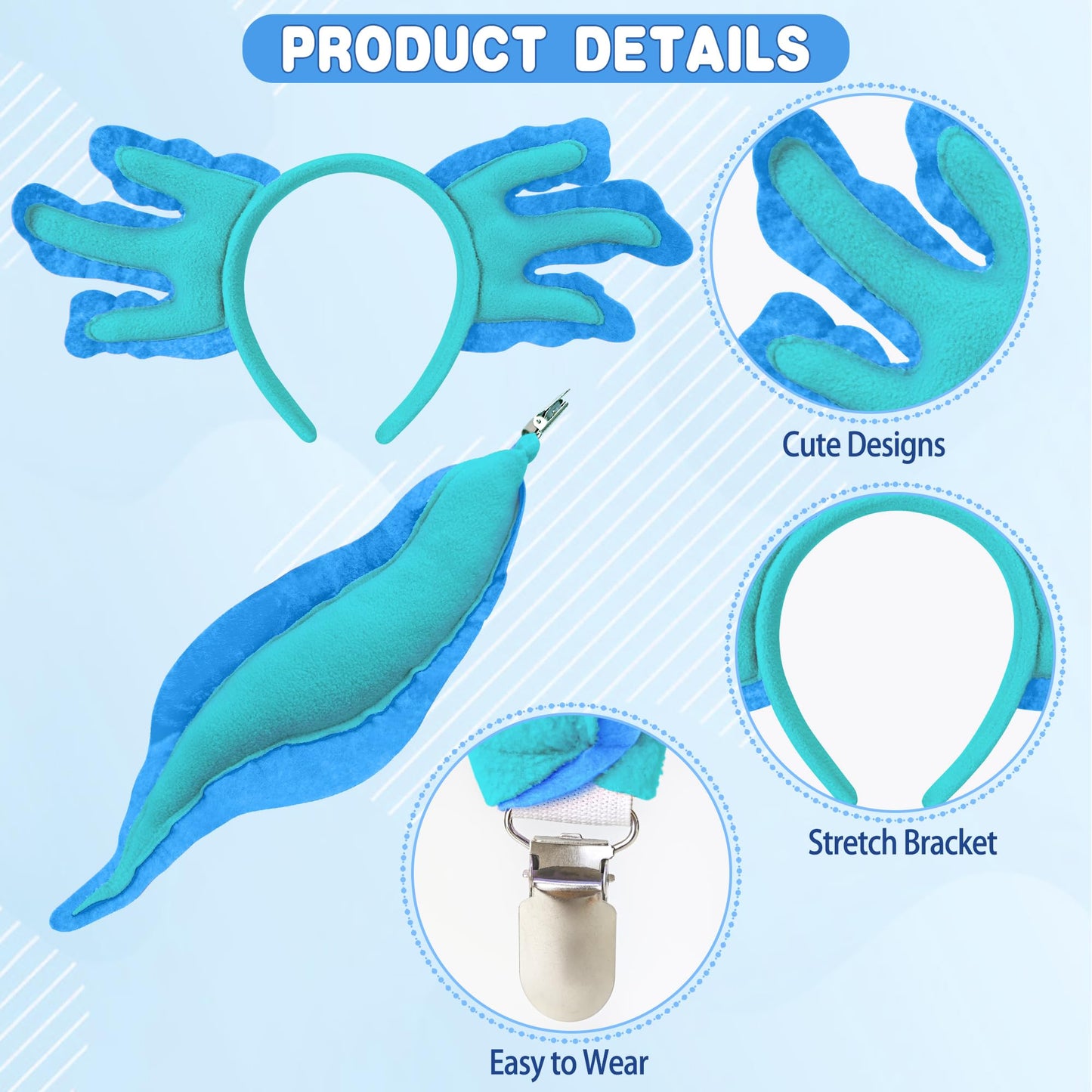 Alaxciax Axolotl Headband and Tail, Axolotl Costume Accessories Set Axolotl Gifts for Women Christmas Birthday Halloween (Blue)