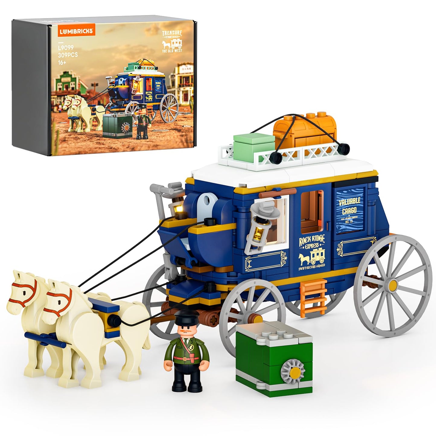 Lumibricks Western Treasure Stagecoach Lighting Building-Bricks Set - Old West Carriage and Horse 307 Pcs Collection Display Set for West Lovers