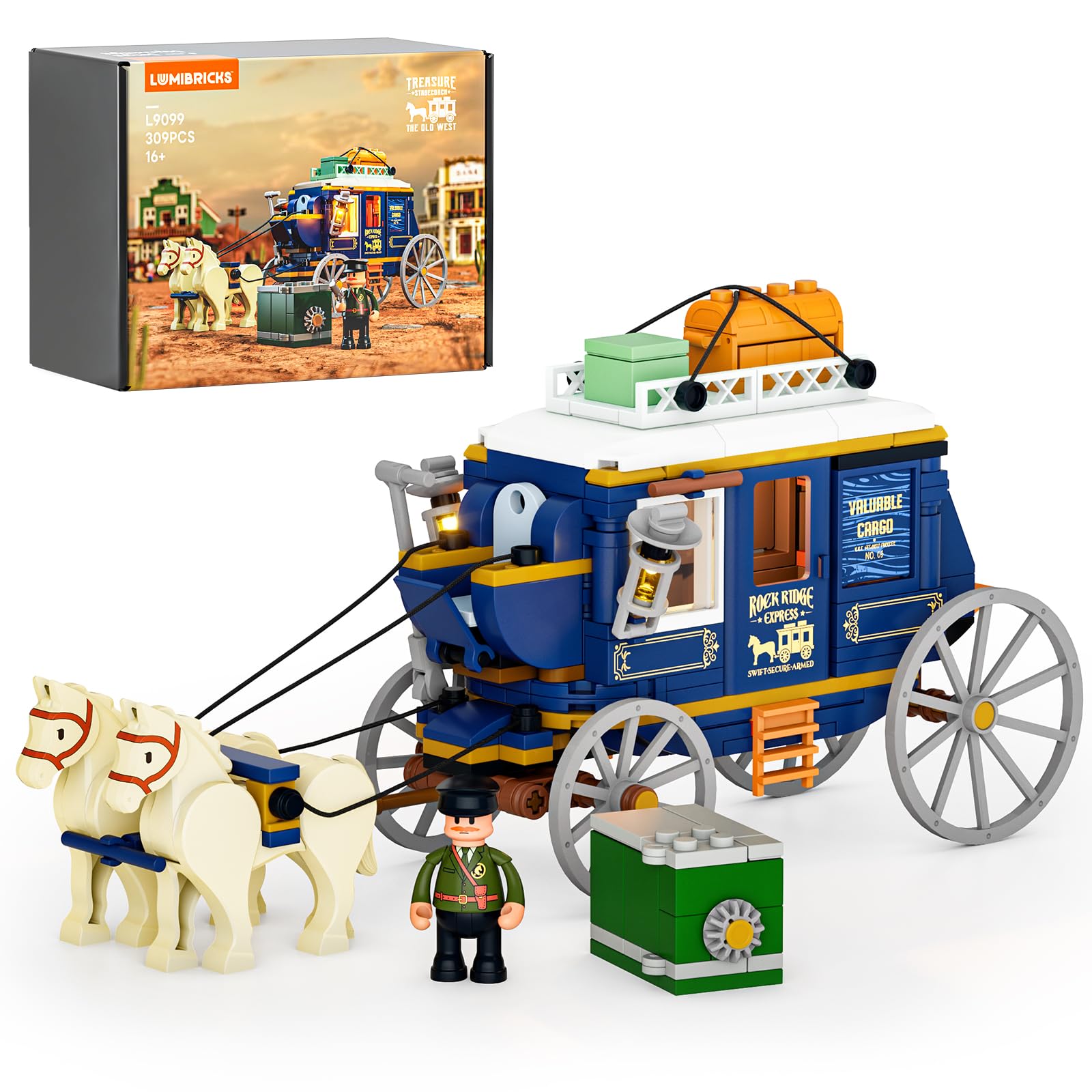 Lumibricks Western Treasure Stagecoach Lighting Building-Bricks Set - Old West Carriage and Horse 307 Pcs Collection Display Set for West Lovers