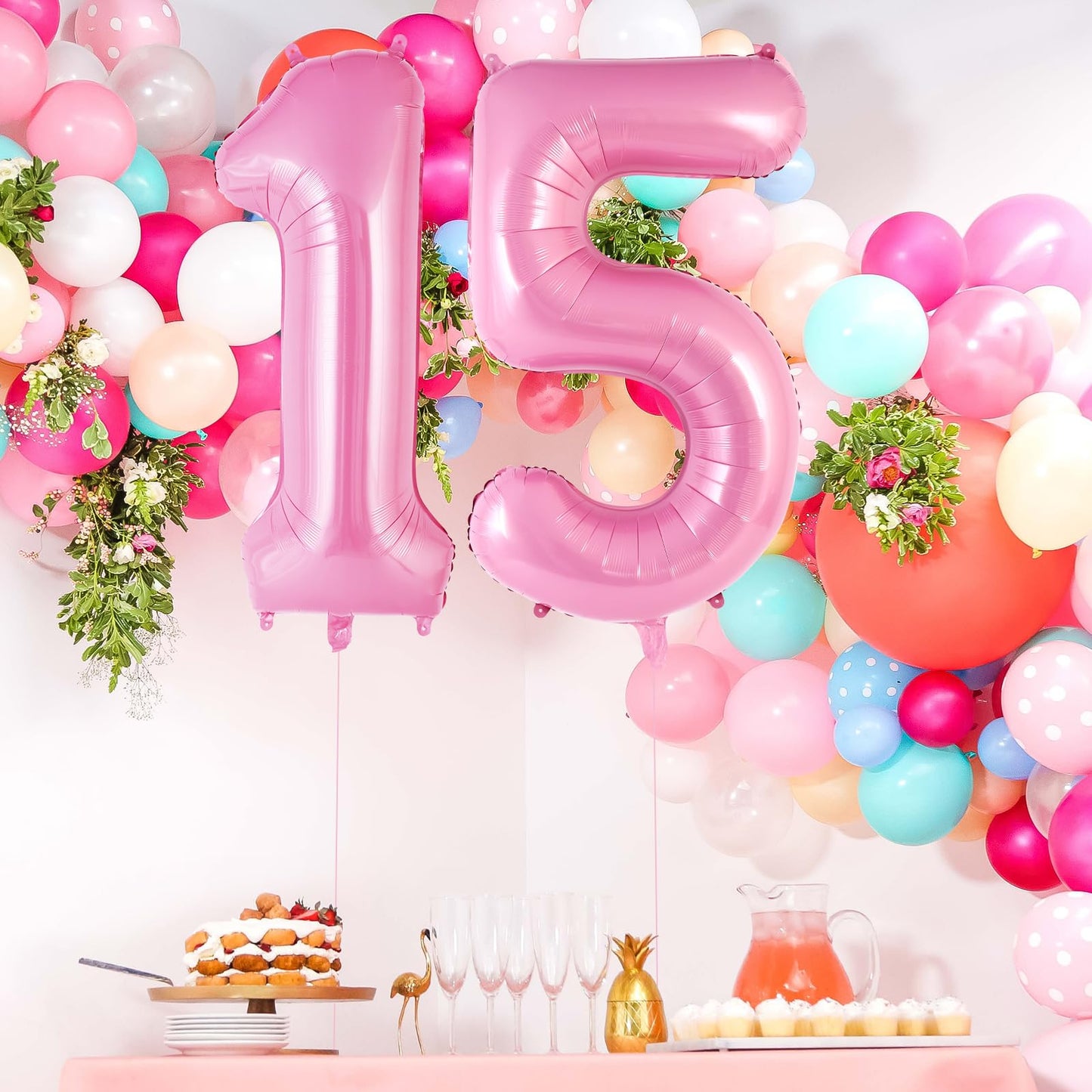 Pink Number 15 Balloon, 40 Inch Big Large Foil Helium Number Balloons, Giant Mylar Number 15 Balloons For 15 Year Old Birthday P