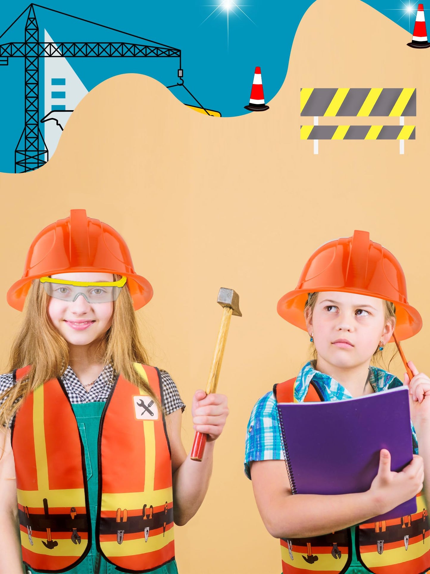 Puteraya 18 Pcs Kids Construction Worker Costume Include 6 Pcs Construction Vests 6 Pcs Construction Hats 6 Pcs Goggles for Care