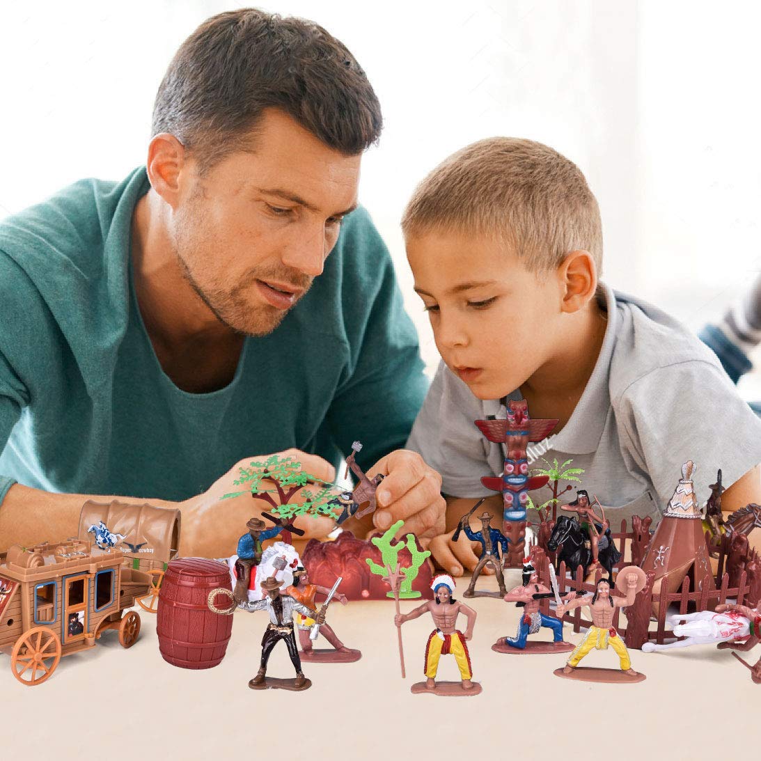 Fun Little Toys 61 Pcs Wild West Cowboys And Indians Plastic Figures Toys, Toy Soldiers For Kids, Wild West Figure Playset With Horse, Tent, Army Men Boy'S War Game, Educational Toys, Birthday Gift