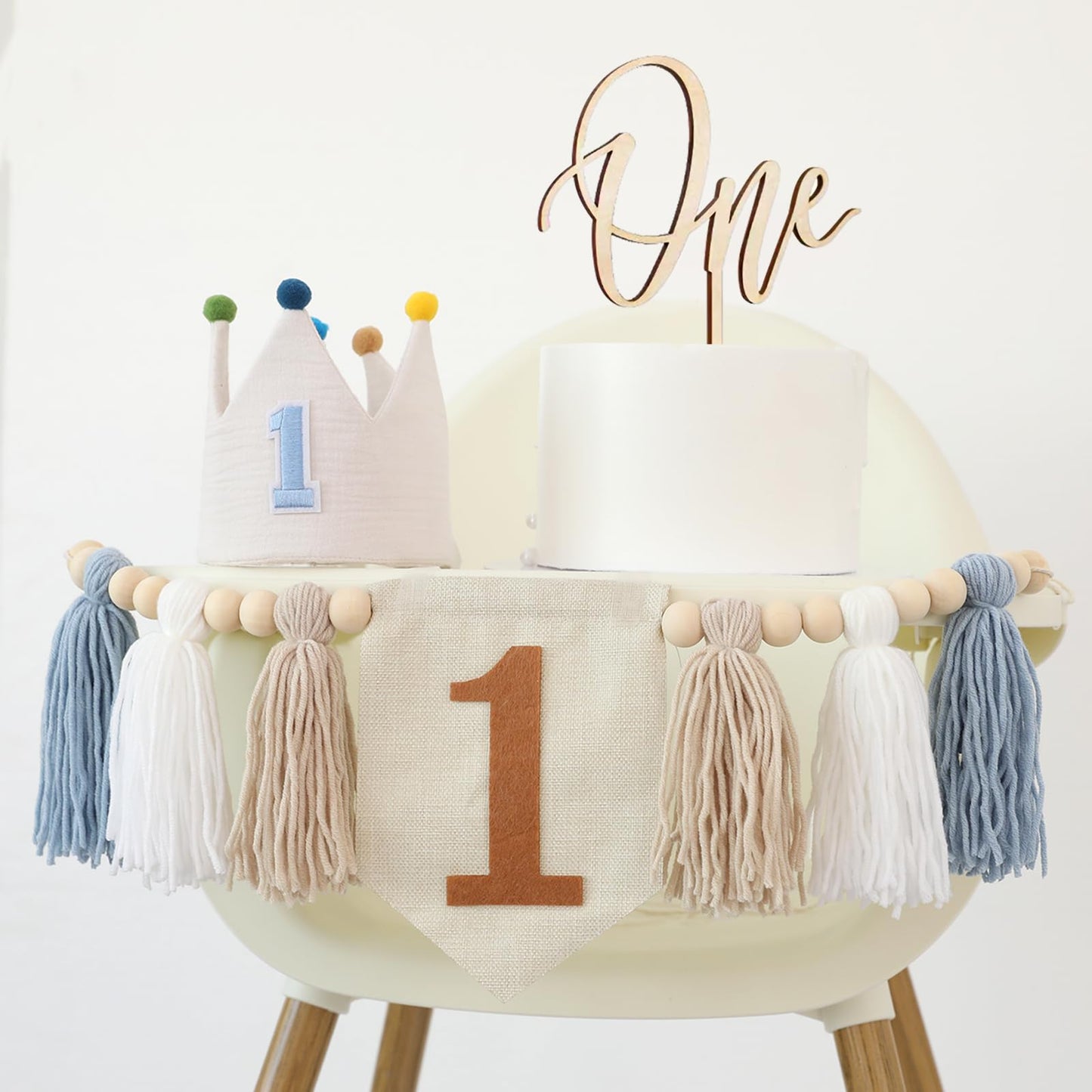 Baby Boy 1St Birthday Party Decorations For Handmade Tassel Garland Highchair Banner With Cake Topper Crown Hat