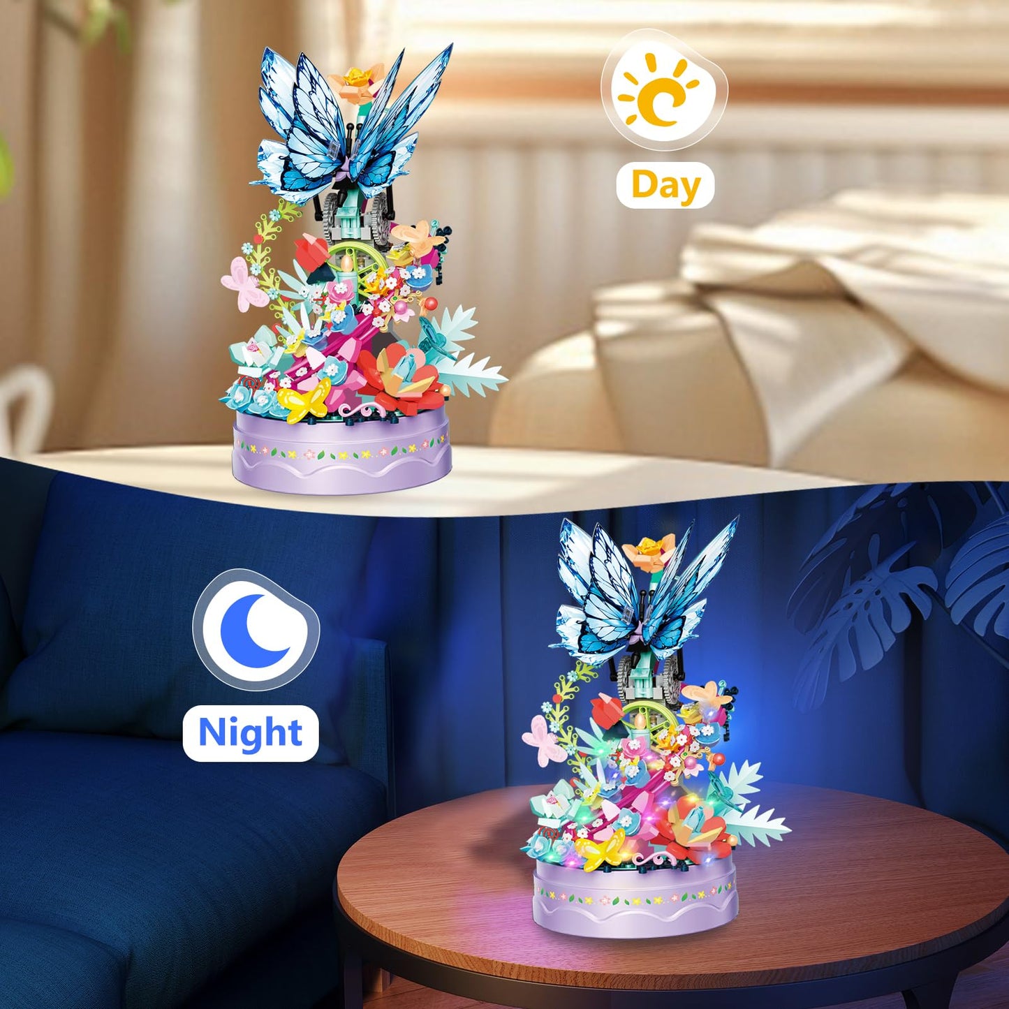 Flower Bouquet Building Kit With Led Light, 630 Pcs Butterfly Flowers Mini Bricks Building Blocks Sets Botanical Collection Deco