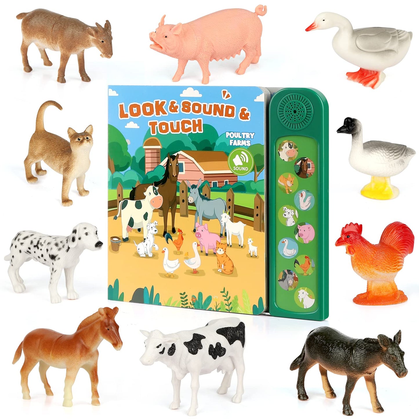 Domniu Farm Animals Figures Toys With 10 Realistic Plastic Animal Figurines & Kids Sound Book, Educational Learning Toys Gift Fo