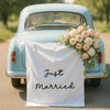 Oudain 29x59 Inch Just Married Burlap Banner, Wedding Fabric Backdrop with Ribbons and Hooks, Rustic Boho Photo Props Sign for W