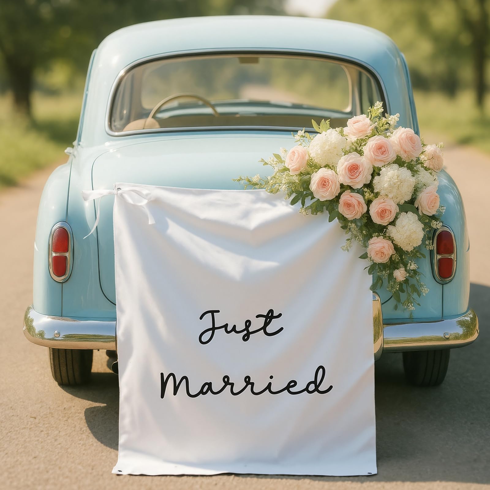 Oudain 29x59 Inch Just Married Burlap Banner, Wedding Fabric Backdrop with Ribbons and Hooks, Rustic Boho Photo Props Sign for W