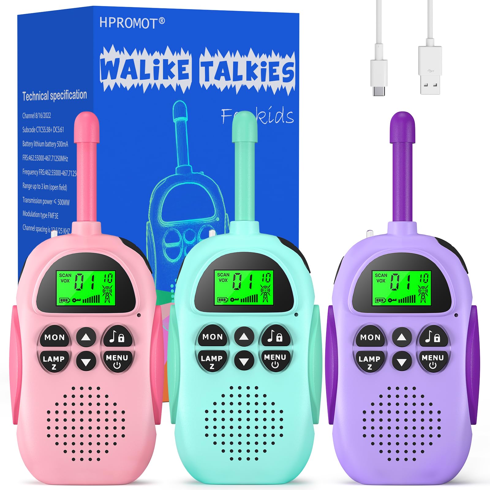 Hpromot Rechargeable Walkie Talkies For Kids 3 Pack Kids Walkie Talkies, Long Range 22 Channels 2 Way Radio Kids Birthday Toy Gi