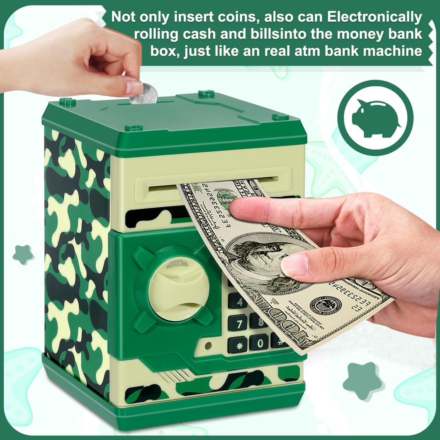 Renvdsa Cartoon Electronic Atm Password Piggy Bank Cash Coin Can Auto Scroll Paper Money Saving Box Gift For Kids (Green Camouflage)