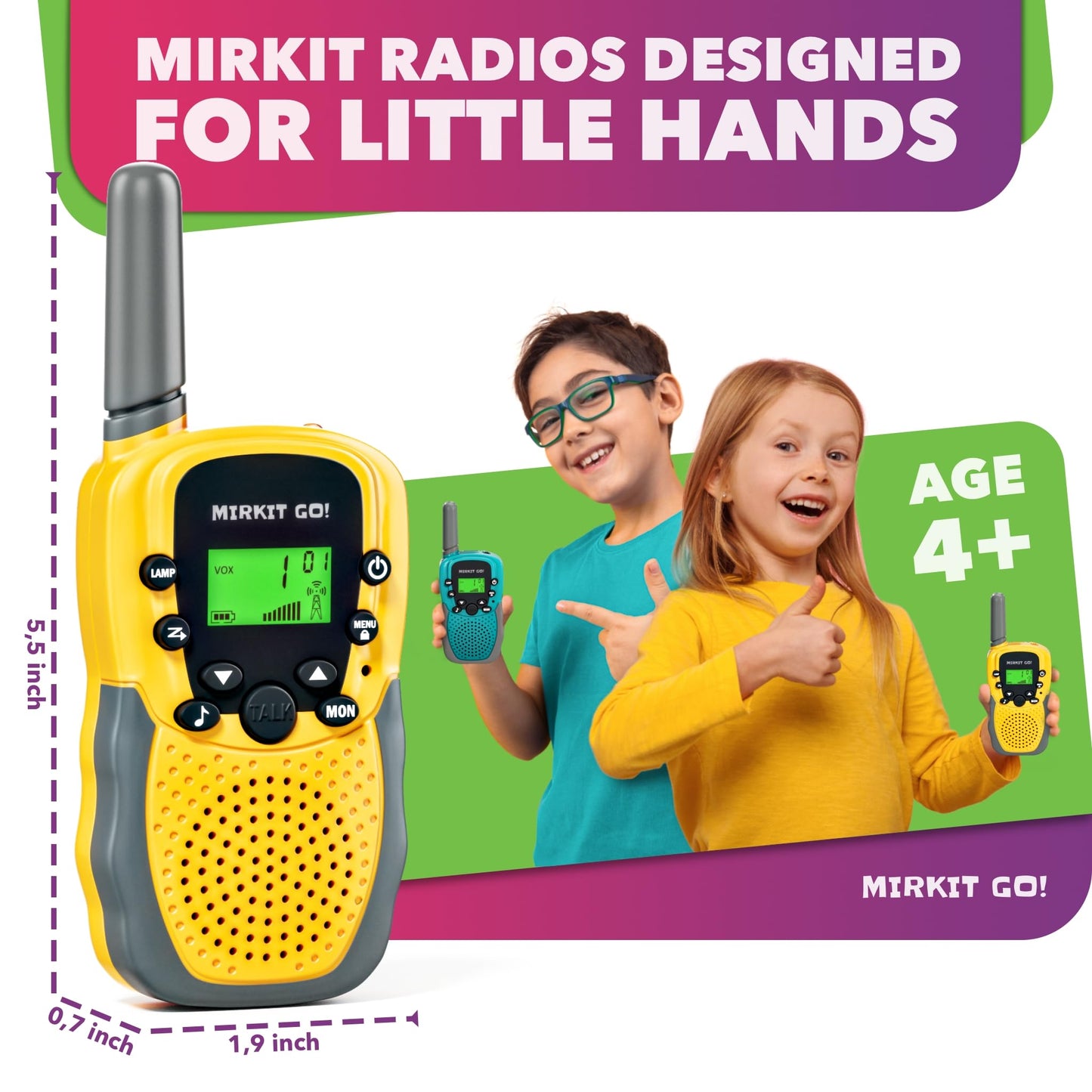 MIRKIT GO! 4X Walkie Talkies for Kids - Yellow & Blue with 4 Fun Games: Scavenger Hunt, Capture The Flag, Police Game, Hide and Seek!