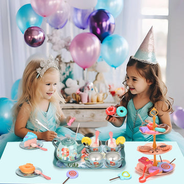 Lajeje 52Pcs Mermaid Tea Party Set for Little Girls, Pretend Tin Teapot Set with Metal Carrying Case, Little Mermaid Princess To