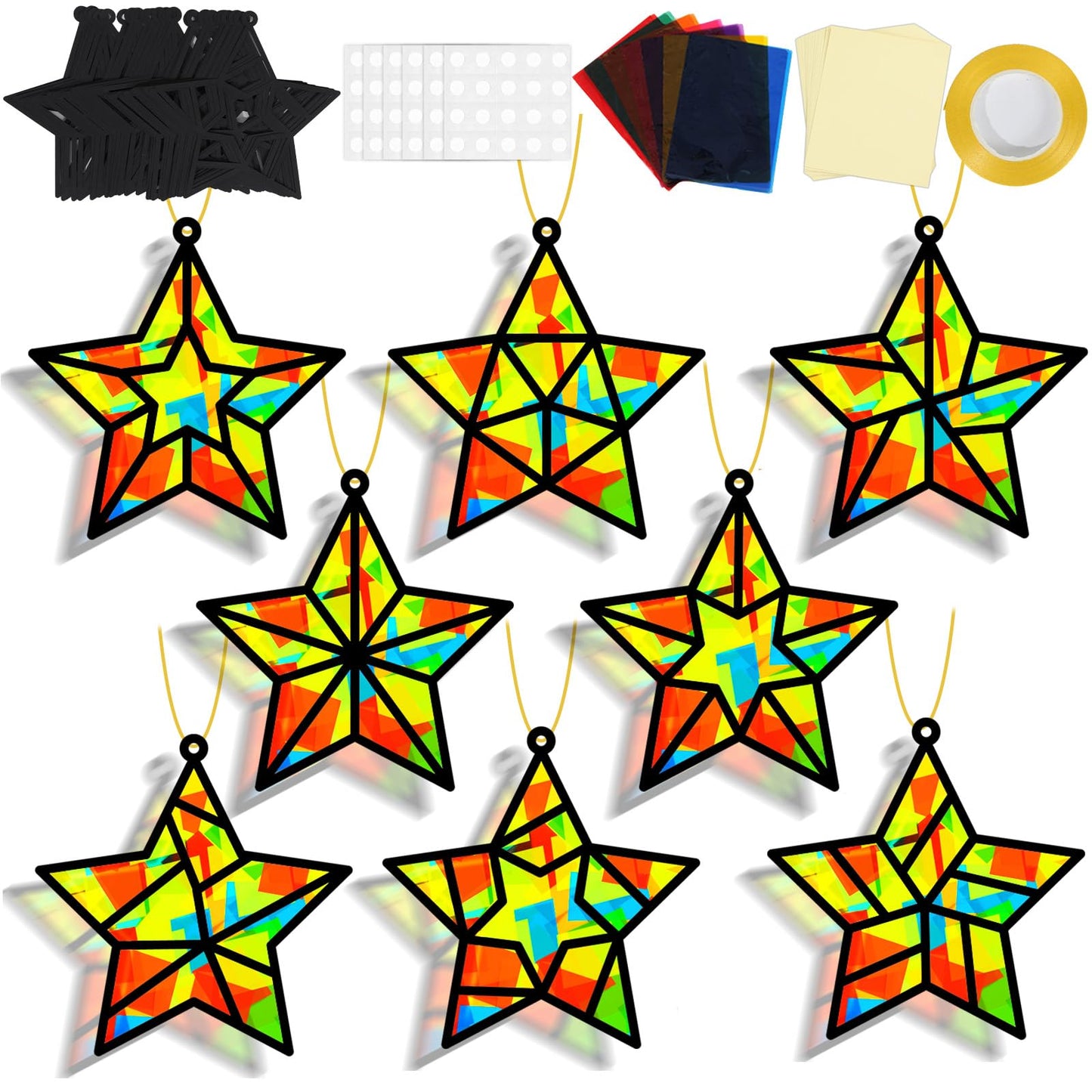 QOUBAI 32 Sets Christmas Stars Suncatchers Craft Back to School DIY Stained Glass Window Patriotic 4th of July Paper Craft Home 