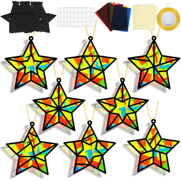 QOUBAI 32 Sets Christmas Stars Suncatchers Craft Back to School DIY Stained Glass Window Patriotic 4th of July Paper Craft Home 