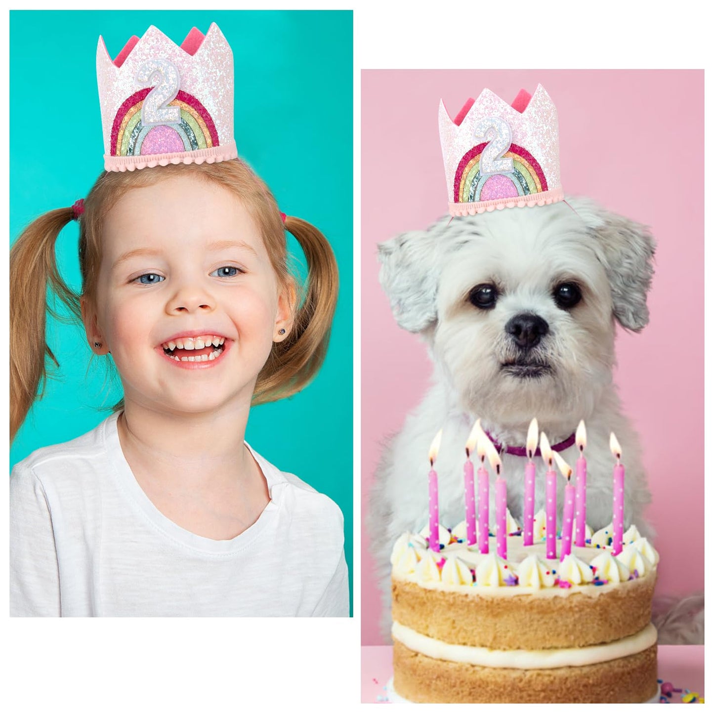 Atoden 2nd Birthday Crown Princess Tiara, Rainbow Hat Headband - Birthday Gift Decorations and Accessories for Two Year Old Girl
