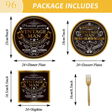 96 Pcs Vintage Man Party Supplies Paper Plates Napkins Vintage Theme Party Birthday Decorations Favors For Black Gold Serves 24