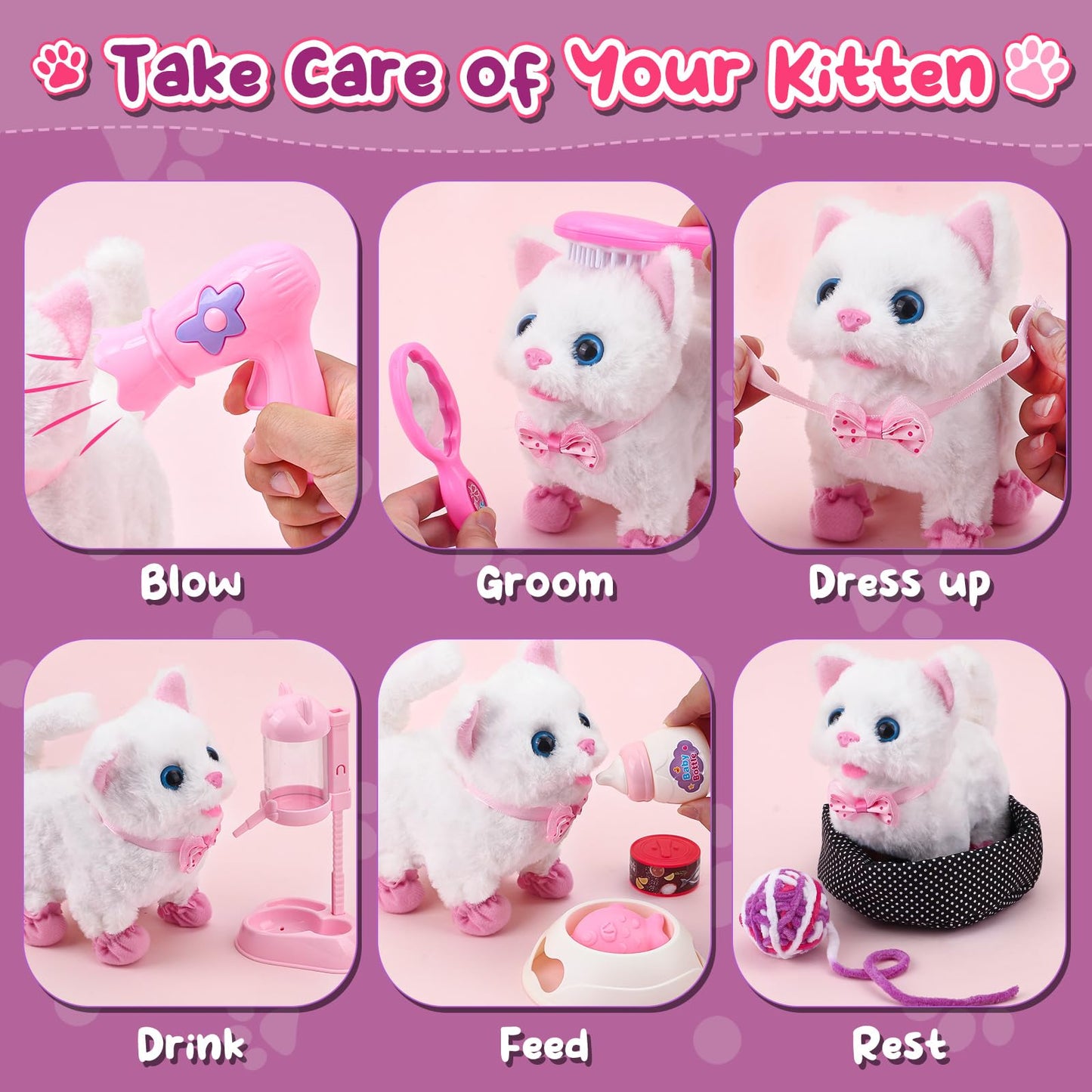 Golray Cat Toys For Kids Girls Gift, Electronic Interactive Plush Toy Cat Can Walk And Meow - 16 Pcs Carrier & Pet Groom Feed Care Pretend Play Set, Birthday Gift For Toddler Little Girl 3 4 5 6 7 8 9