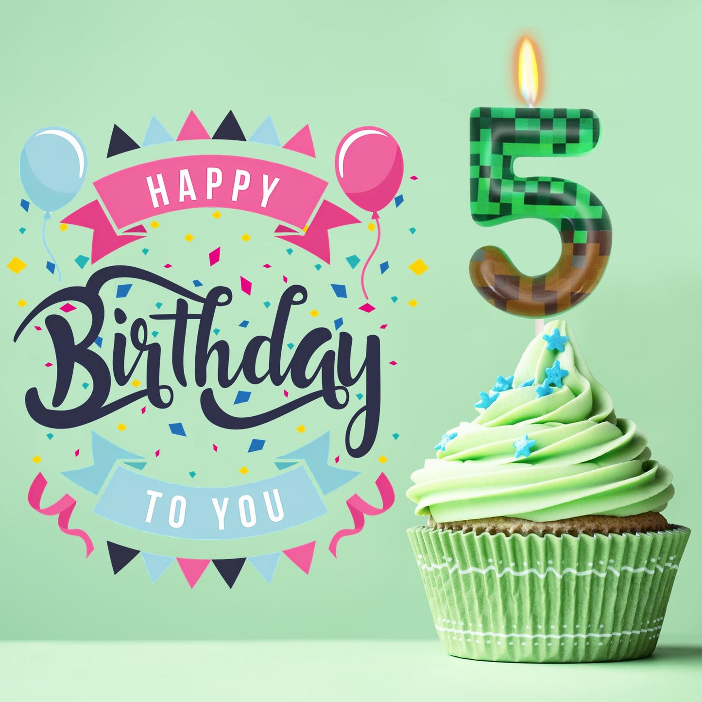 5th Pixel Miner Birthday Candles, Pixels Cake Topper for Boys Girls, TNT Themed Birthday Decorations Party Supplies (Number 5)