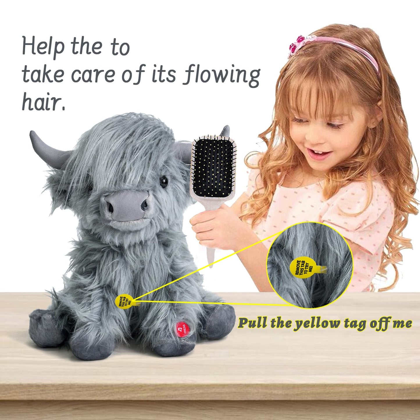 Tonpect Highland Cow Plush Toy - Mooing Sound, 10 inch, Grey Cotton, Model Toys105, Cuddly Farm Gift for Boys and Girls