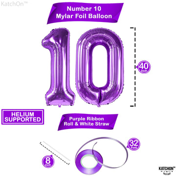Katchon Purple Giant 40 Inch Number 10 Balloon, 10Th Birthday Decorations For Girl, Reusable, Helium Supported, Lavender Balloon For Purple Birthday Decorations