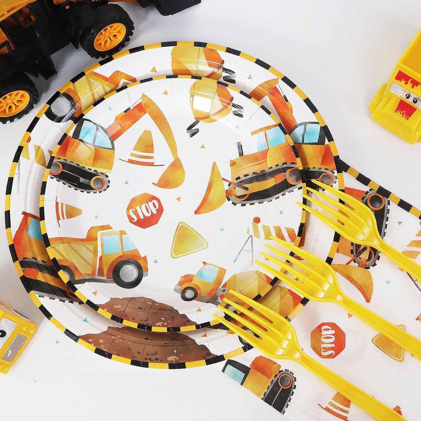 Construction Theme Birthday Party Decorations Plates Set 25 Guests,100 Pcs Plates Napkins Forks Boys Kids Construction Excavator