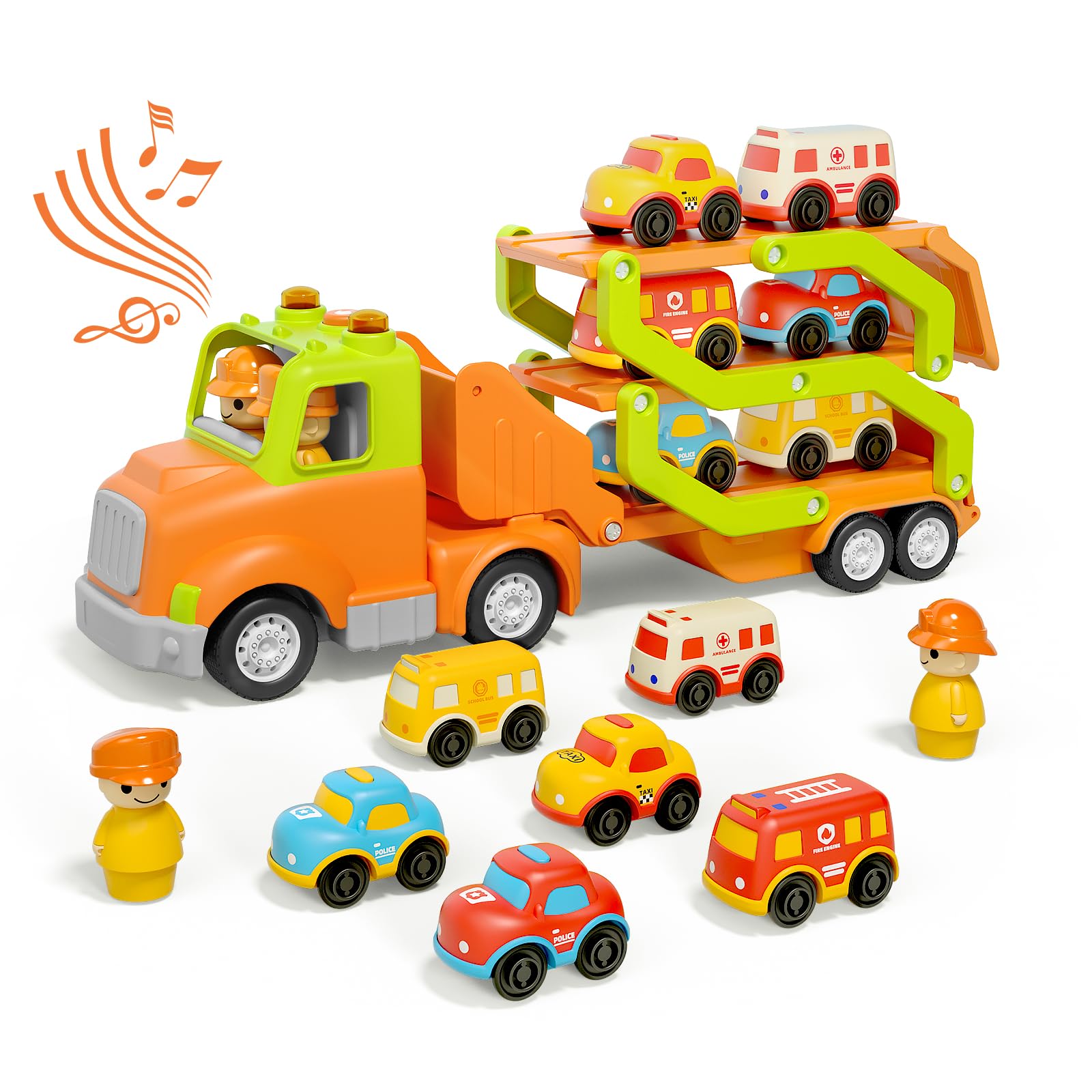 Wanborns Car Toys for 2 3 4 5 Years Old Kids, Transport Car Carrier Truck Toy with 6 Vehicle, 30in Foldable Track Trailer with L