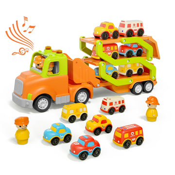 Wanborns Car Toys for 2 3 4 5 Years Old Kids, Transport Car Carrier Truck Toy with 6 Vehicle, 30in Foldable Track Trailer with L