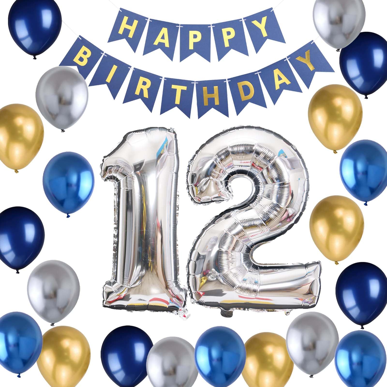 12Th Birthday Party Decoration For Boys, Birthday Banner Blue Number 12 Birthday Balloons Metallic Silver Blue Gold Latex Balloo