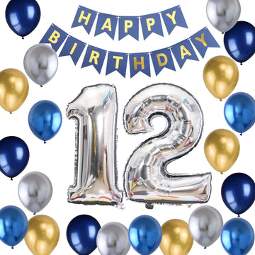 12Th Birthday Party Decoration For Boys, Birthday Banner Blue Number 12 Birthday Balloons Metallic Silver Blue Gold Latex Balloo